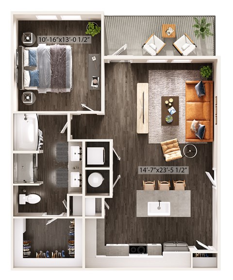 Floor plan for 1 bed, 1 bath, 856 sqft